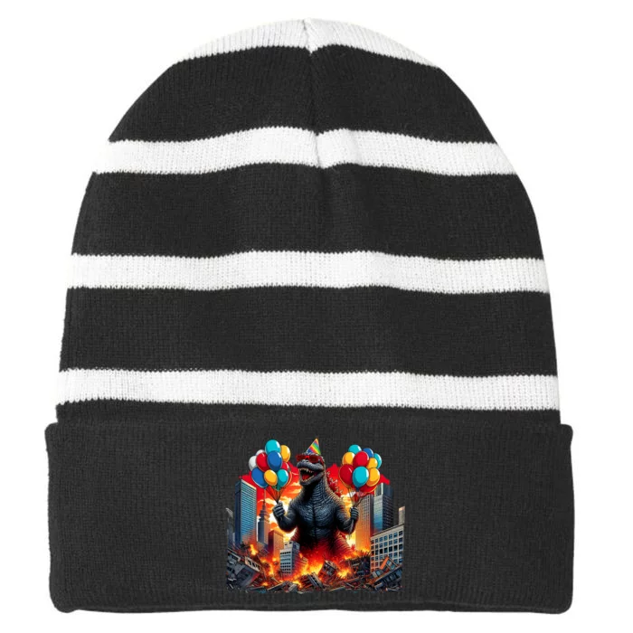 Kaiju Birthday Party Japanese Art Lovers Monster Movie Gifts Striped Beanie with Solid Band