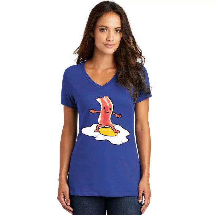 Kawaii Bacon Surfing On Fried Egg Breakfast Egg And Bacon Women's V-Neck T-Shirt