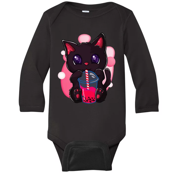 Kawaii Boba Tea Cat Japanese Neko Bubble Tea Funny Anime Baby Long Sleeve Bodysuit