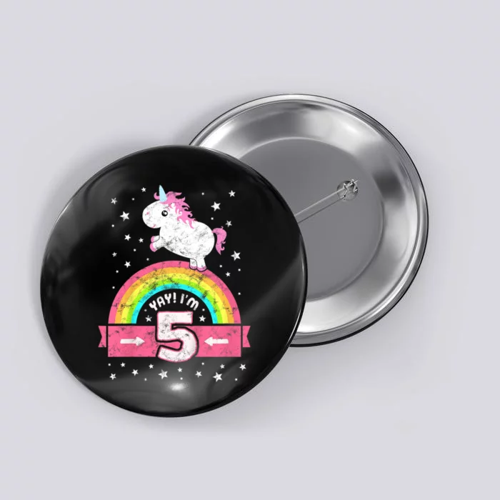 K.i.d.s Cute 5th Birthday Girl Pink Unicorn Rainbow 5 Year Button