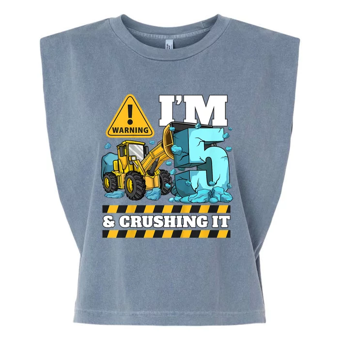 Kids Construction 5th Birthday Boy 5 Bulldozer Digger Truck Cool Gift Garment-Dyed Women's Muscle Tee