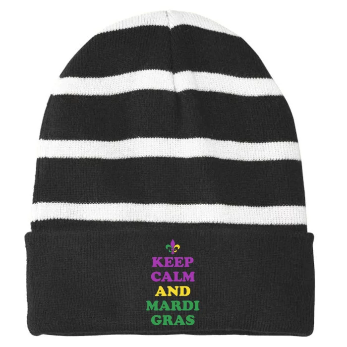 Keep Calm And Mardi Gras Festive Striped Beanie with Solid Band