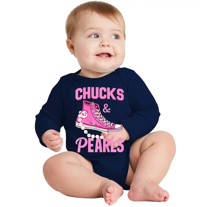 Kamala Chucks And Pearls Harris Walz 2024 Election Baby Long Sleeve Bodysuit