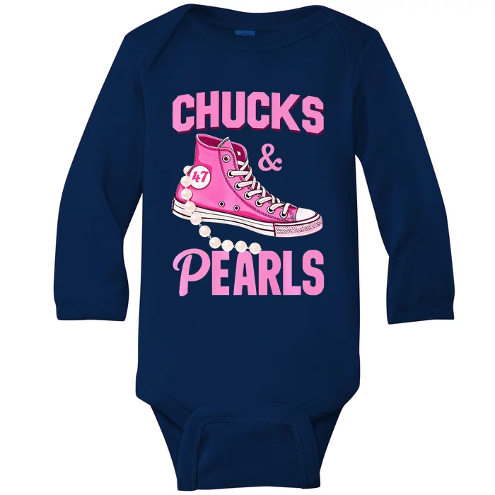 Kamala Chucks And Pearls Harris Walz 2024 Election Baby Long Sleeve Bodysuit