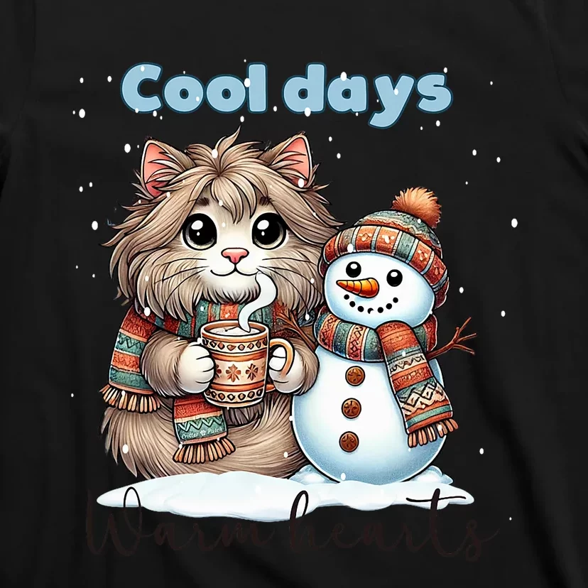 Kitty Cat And Snowman Friends Share Coffee In Winter Snow T-Shirt