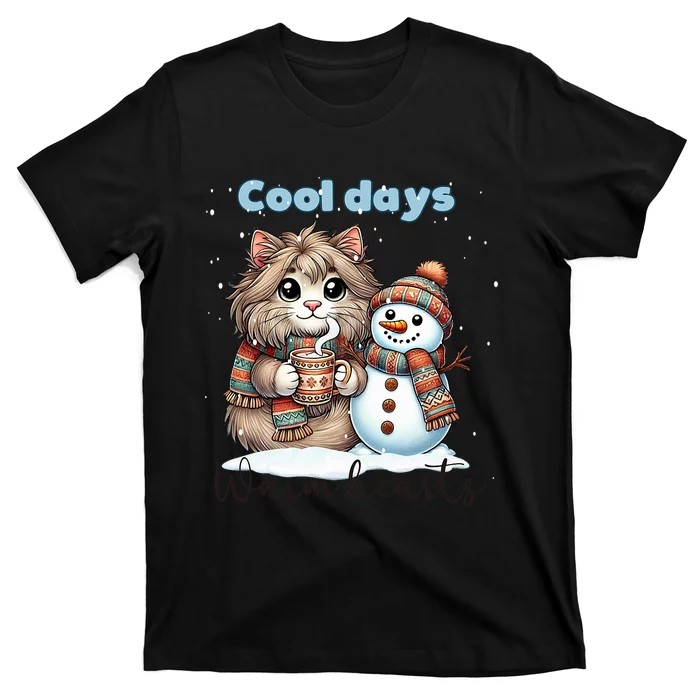 Kitty Cat And Snowman Friends Share Coffee In Winter Snow T-Shirt