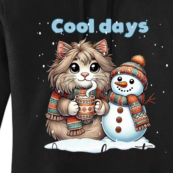 Kitty Cat And Snowman Friends Share Coffee In Winter Snow Women's Pullover Hoodie