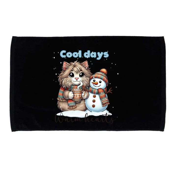 Kitty Cat And Snowman Friends Share Coffee In Winter Snow Microfiber Hand Towel