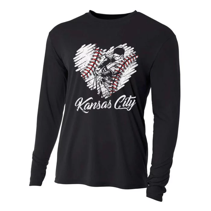 Kansas City Baseball Heart Distressed Cooling Performance Long Sleeve Crew