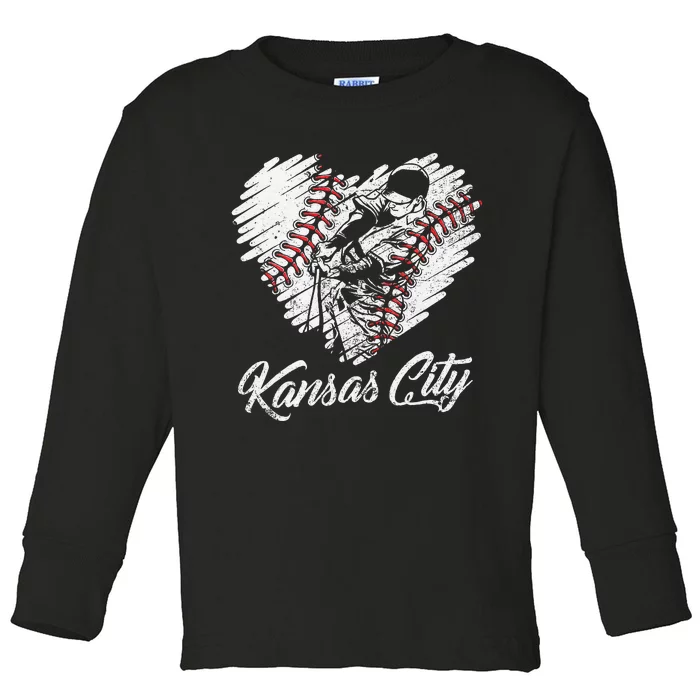 Kansas City Baseball Heart Distressed Toddler Long Sleeve Shirt