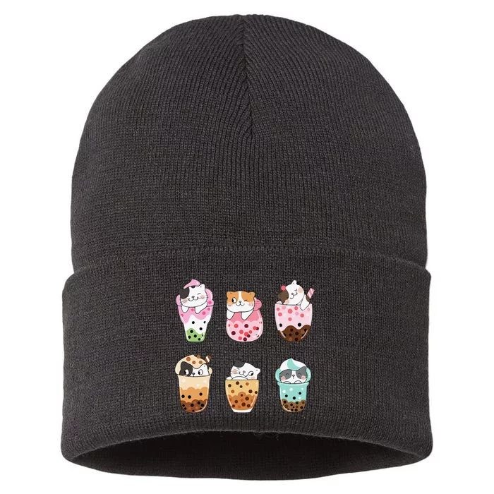 Kawaii Cat Boba Tea Bubble Tea Kawaii Japanese Anime Neko Sustainable Knit Beanie