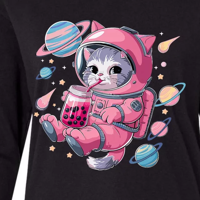 Kawaii Cat Bubble Boba Tea Space Astronaut Anime Womens Cotton Relaxed Long Sleeve T-Shirt