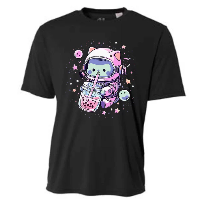 Kawaii Cat Bubble Boba Tea In Space Astronaut Anime Cooling Performance Crew T-Shirt