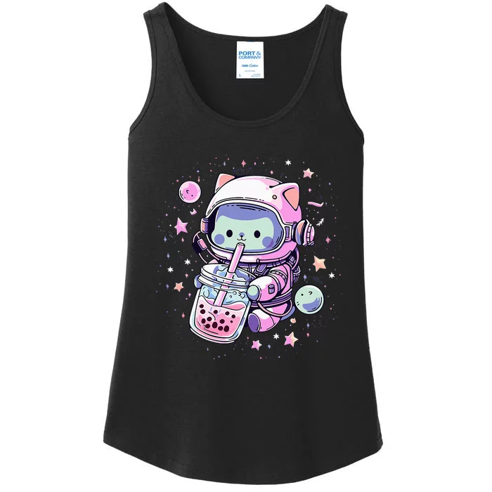 Kawaii Cat Bubble Boba Tea In Space Astronaut Anime Ladies Essential Tank