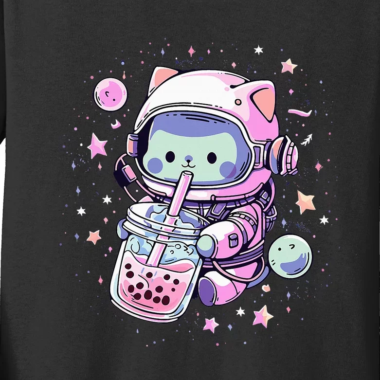 Kawaii Cat Bubble Boba Tea In Space Astronaut Anime Kids Long Sleeve Shirt