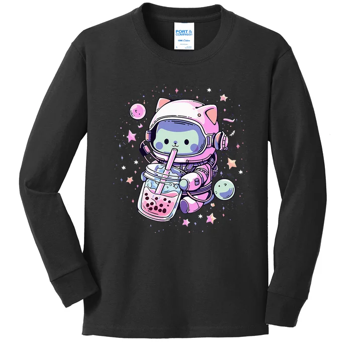 Kawaii Cat Bubble Boba Tea In Space Astronaut Anime Kids Long Sleeve Shirt