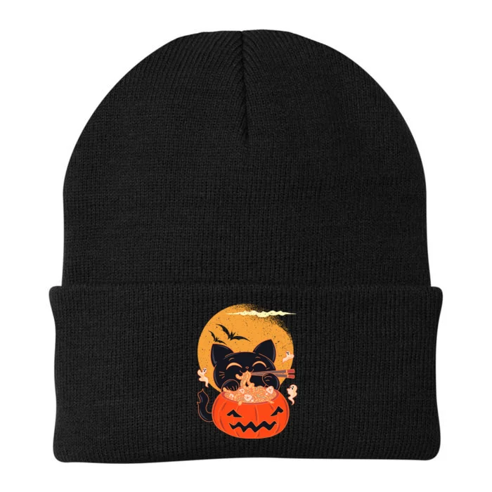 Kawaii Creepy Cat Eating Ramen Noodles Halloween Cat Kids Knit Cap Winter Beanie