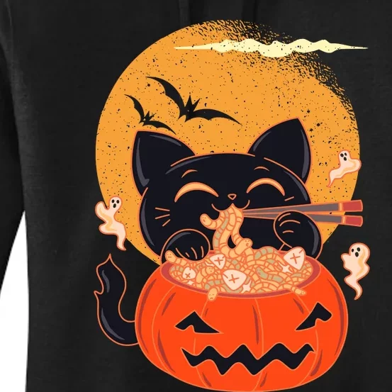 Kawaii Creepy Cat Eating Ramen Noodles Halloween Cat Kids Women's Pullover Hoodie