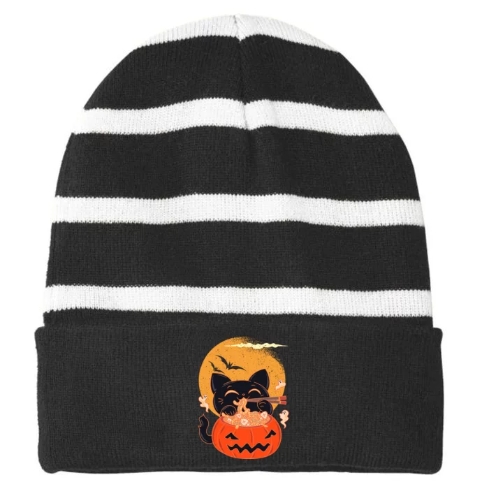 Kawaii Creepy Cat Eating Ramen Noodles Halloween Cat Kids Striped Beanie with Solid Band