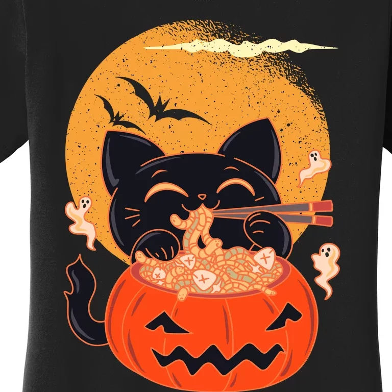 Kawaii Creepy Cat Eating Ramen Noodles Halloween Cat Kids Women's T-Shirt