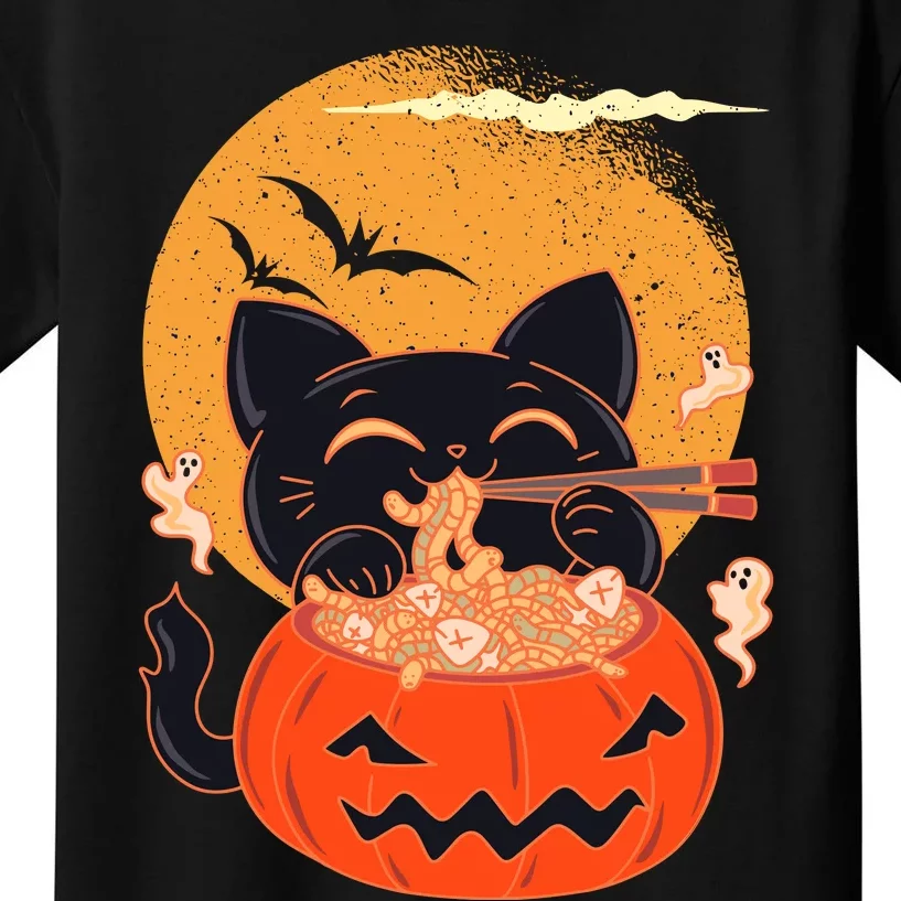 Kawaii Creepy Cat Eating Ramen Noodles Halloween Cat Kids Kids T-Shirt