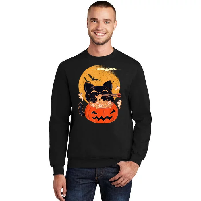 Kawaii Creepy Cat Eating Ramen Noodles Halloween Cat Kids Tall Sweatshirt