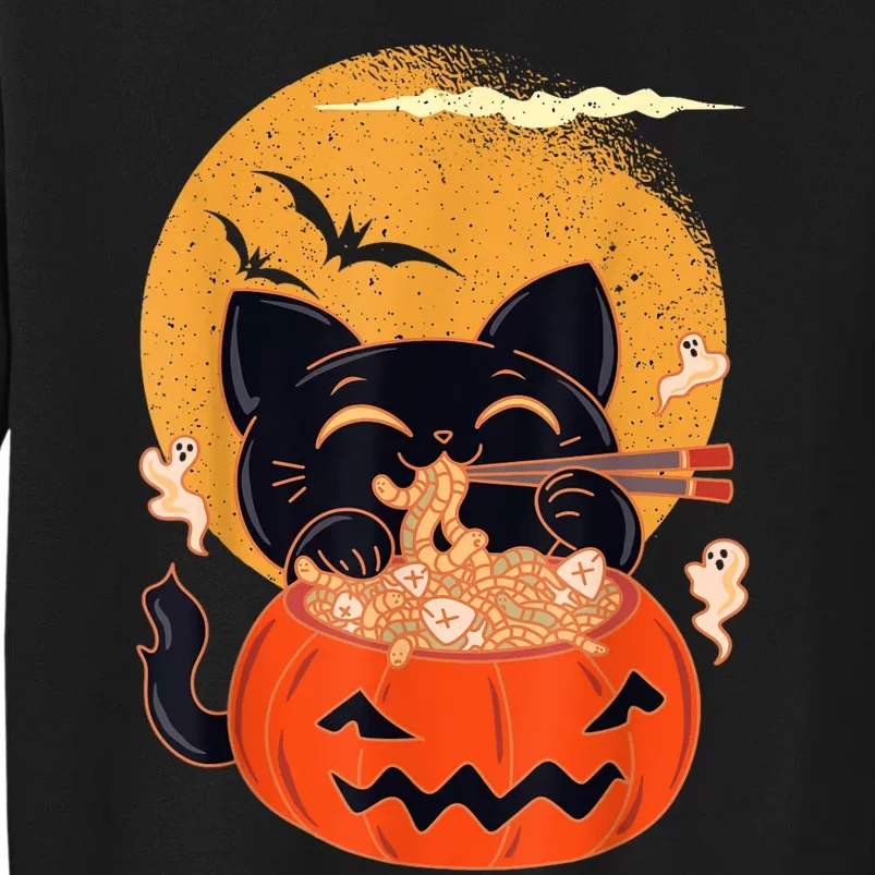 Kawaii Creepy Cat Eating Ramen Noodles Halloween Cat Kids Tall Sweatshirt