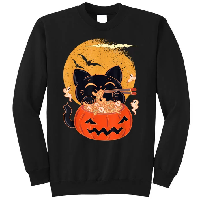 Kawaii Creepy Cat Eating Ramen Noodles Halloween Cat Kids Tall Sweatshirt