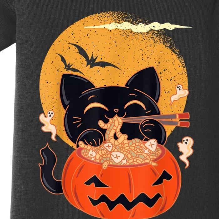 Kawaii Creepy Cat Eating Ramen Noodles Halloween Cat Kids Baby Bodysuit