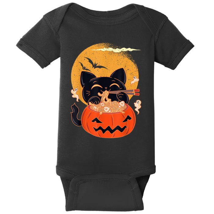 Kawaii Creepy Cat Eating Ramen Noodles Halloween Cat Kids Baby Bodysuit