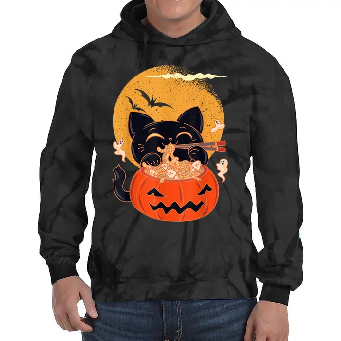 Kawaii Creepy Cat Eating Ramen Noodles Halloween Cat Kids Tie Dye Hoodie