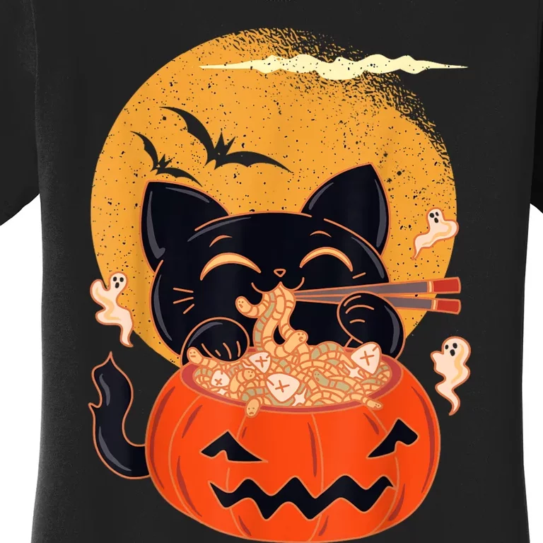 Kawaii Creepy Cat Eating Ramen Noodles Halloween Cat Kids Women's T-Shirt