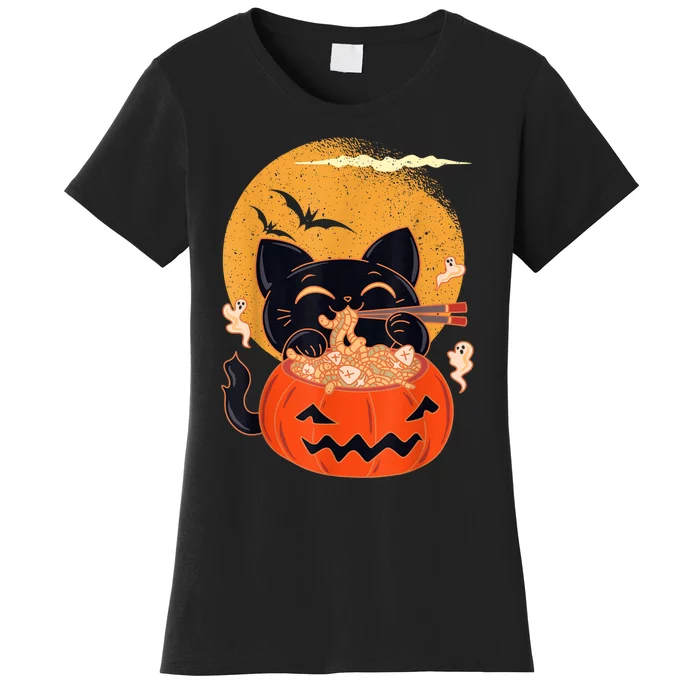 Kawaii Creepy Cat Eating Ramen Noodles Halloween Cat Kids Women's T-Shirt