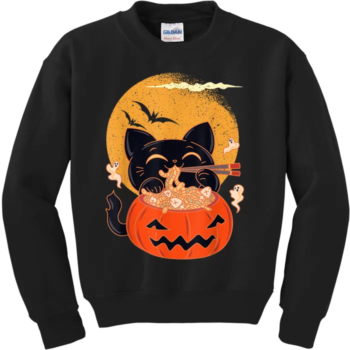 Kawaii Creepy Cat Eating Ramen Noodles Halloween Cat Kids Kids Sweatshirt