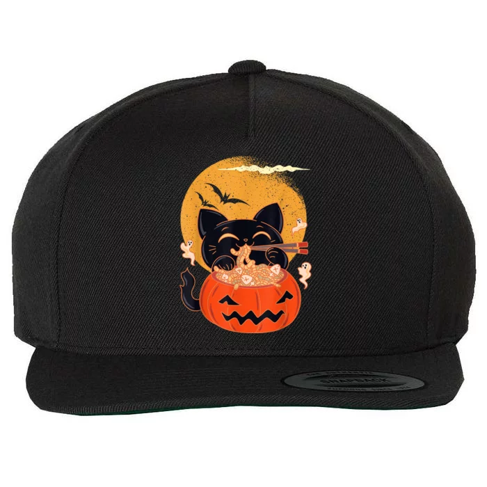 Kawaii Creepy Cat Eating Ramen Noodles Halloween Cat Kids Wool Snapback Cap