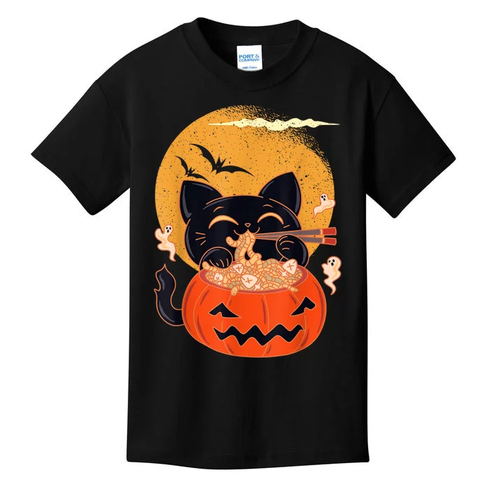 Kawaii Creepy Cat Eating Ramen Noodles Halloween Cat Kids Kids T-Shirt