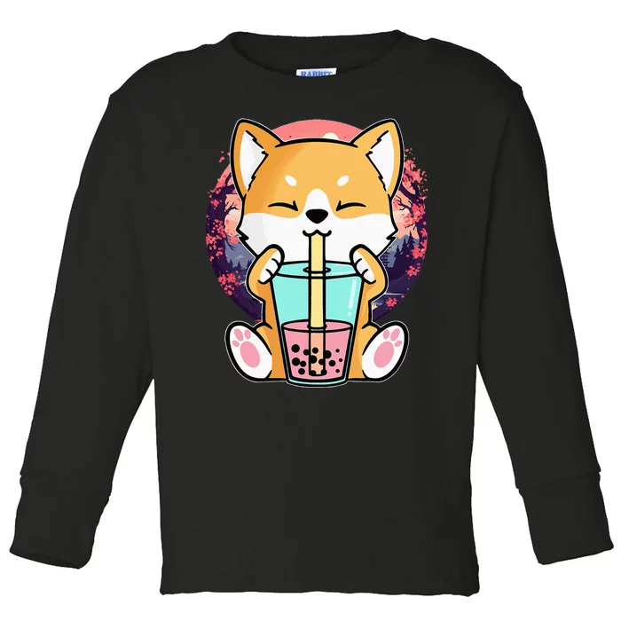 Kawaii Corgi Dog Bubble Tea Boba Anime Neko Japanese Toddler Long Sleeve Shirt