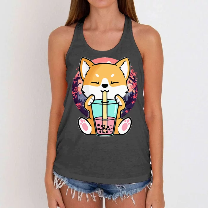 Kawaii Corgi Dog Bubble Tea Boba Anime Neko Japanese Women's Knotted Racerback Tank