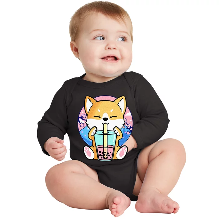 Kawaii Corgi Dog Bubble Tea Boba Anime Neko Japanese Kids Baby Long Sleeve Bodysuit