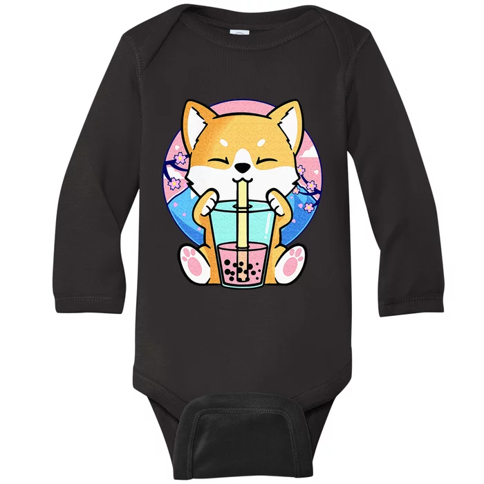 Kawaii Corgi Dog Bubble Tea Boba Anime Neko Japanese Kids Baby Long Sleeve Bodysuit