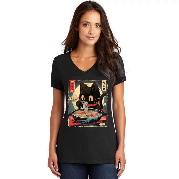 Kawaii Cat Eating Ramen Noodles Anime Gift Girl Teens Women's V-Neck T-Shirt