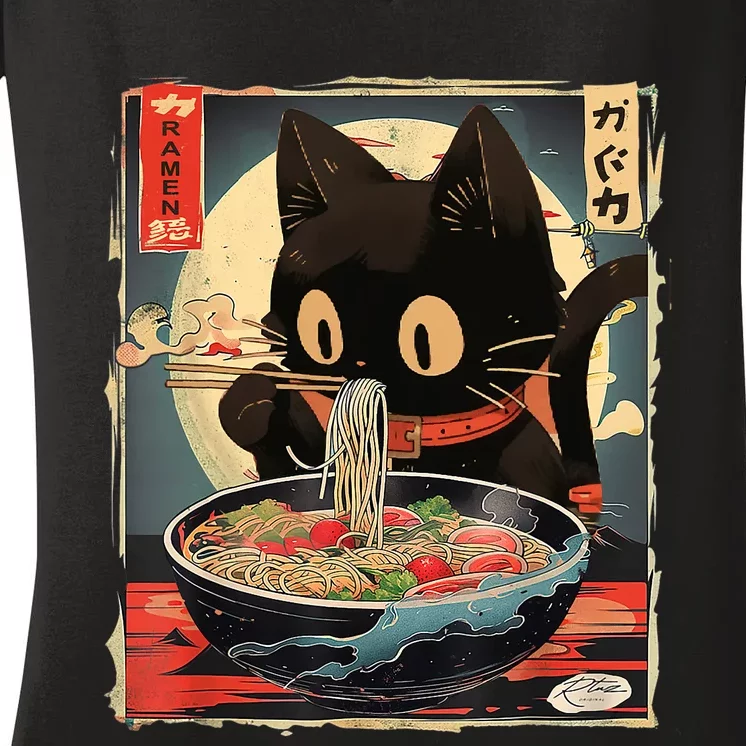 Kawaii Cat Eating Ramen Noodles Anime Gift Girl Teens Women's V-Neck T-Shirt