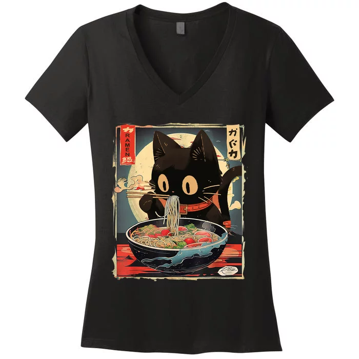 Kawaii Cat Eating Ramen Noodles Anime Gift Girl Teens Women's V-Neck T-Shirt