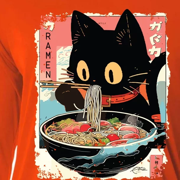 Kawaii Cat Eating Ramen Noodles Anime Cooling Performance Long Sleeve Crew