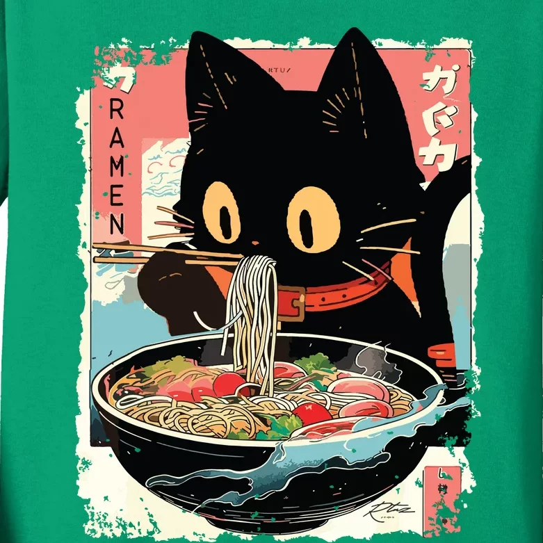 Kawaii Cat Eating Ramen Noodles Anime Kids Long Sleeve Shirt