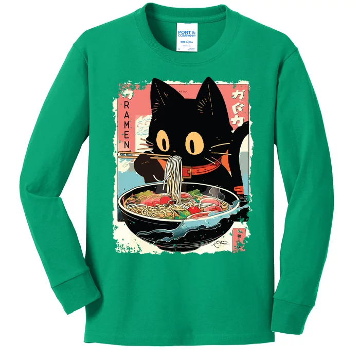 Kawaii Cat Eating Ramen Noodles Anime Kids Long Sleeve Shirt