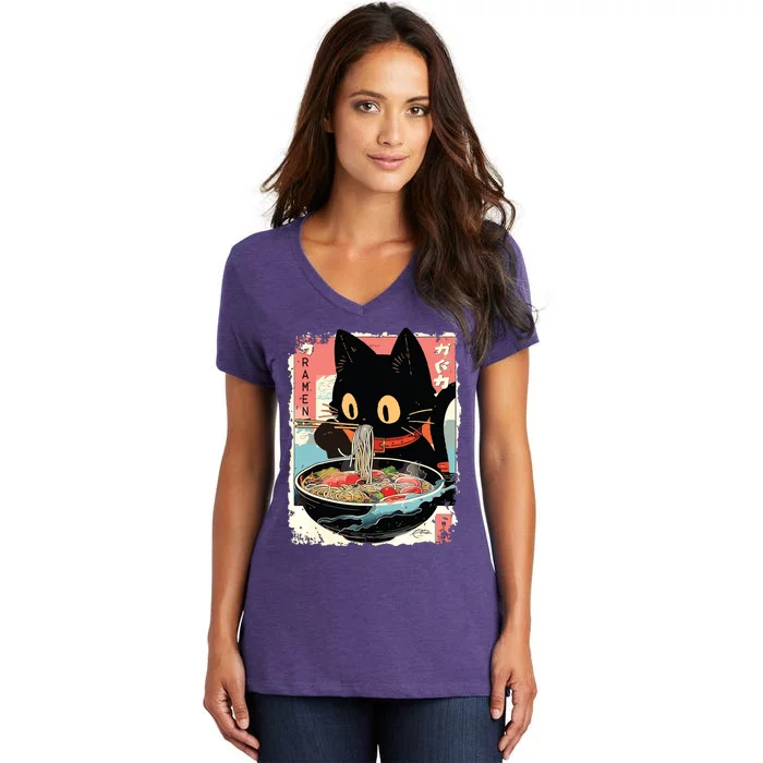 Kawaii Cat Eating Ramen Noodles Anime Women's V-Neck T-Shirt