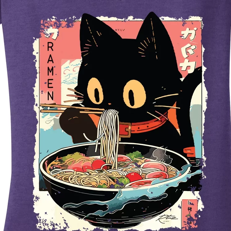 Kawaii Cat Eating Ramen Noodles Anime Women's V-Neck T-Shirt