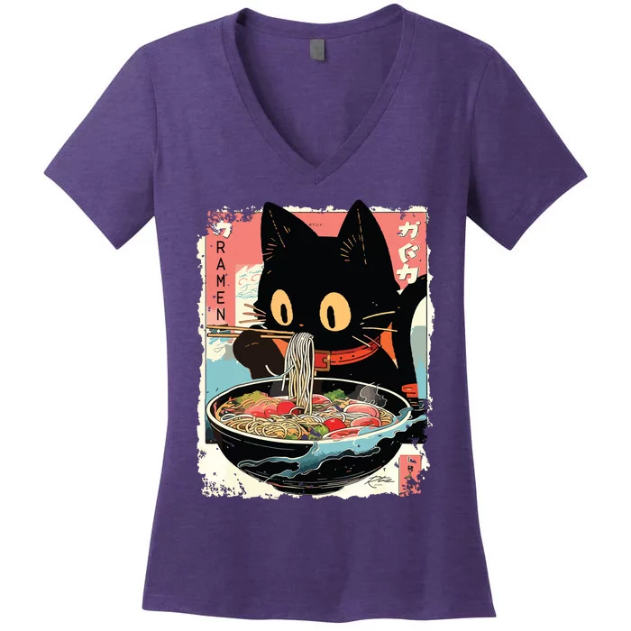 Kawaii Cat Eating Ramen Noodles Anime Women's V-Neck T-Shirt