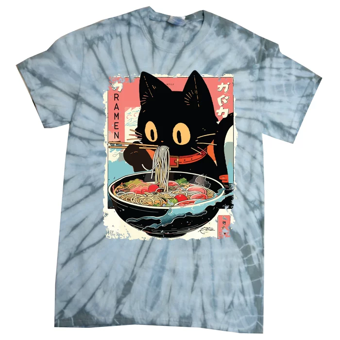 Kawaii Cat Eating Ramen Noodles Anime Tie-Dye T-Shirt